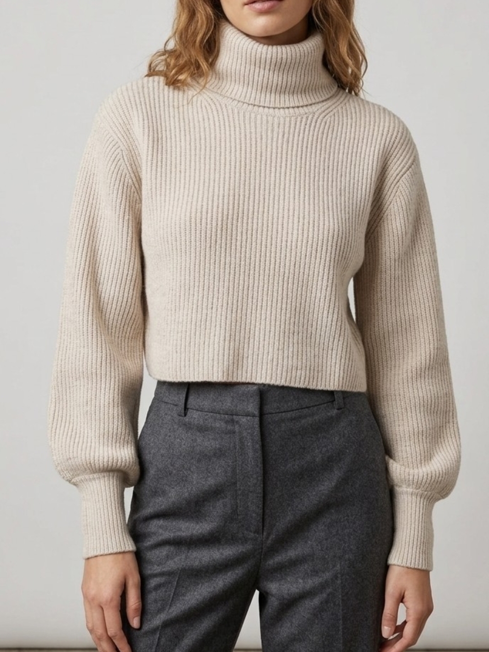 WILFRED Cropped Ribbed Turtleneck Sweater - Light Taupe 100 Merino Wool